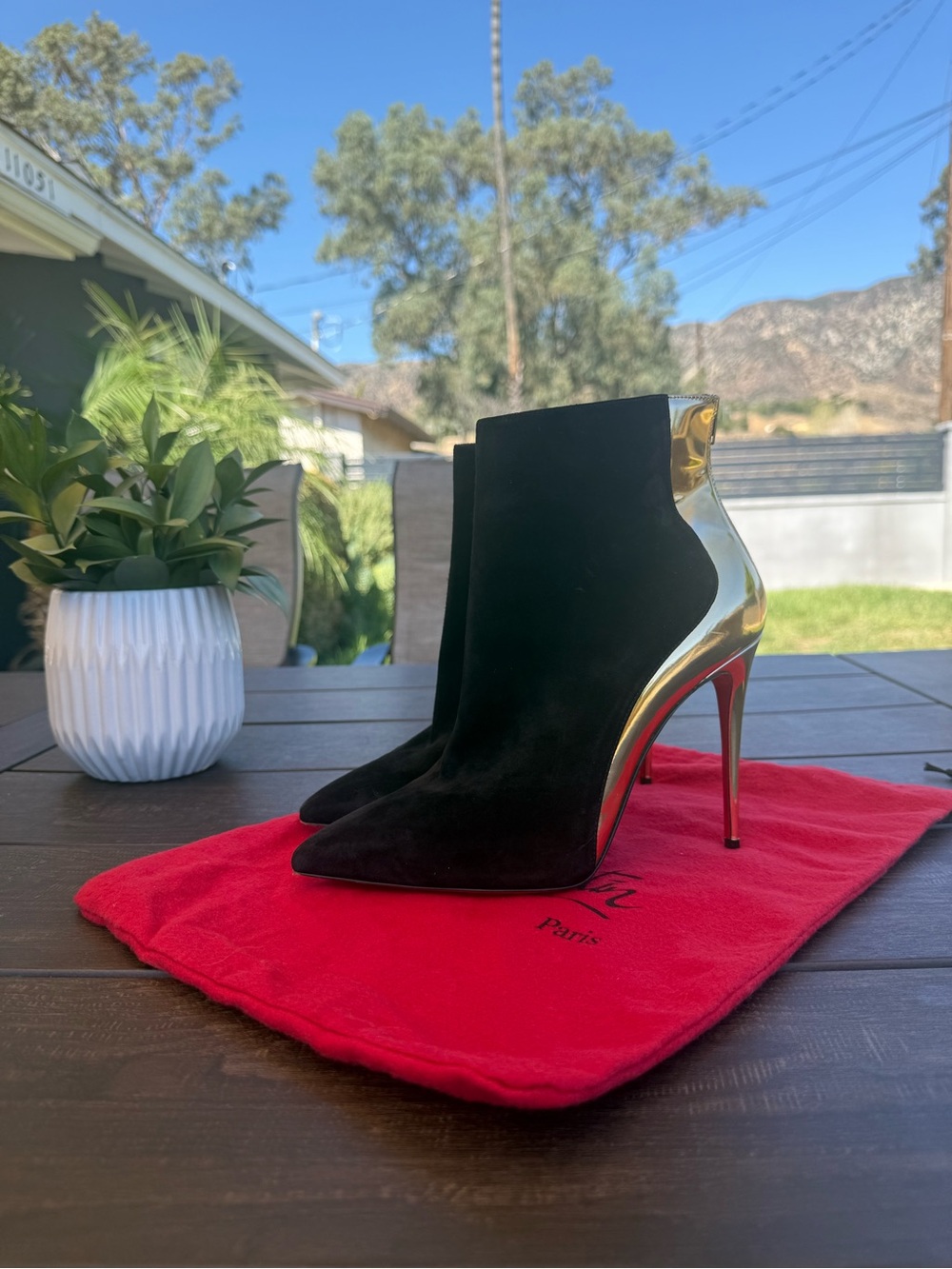 Christian Louboutin Delicotte 100 Black Suede & Gold Ankle Boots – EU 39
